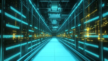 Obraz premium Futuristic server room with glowing data streams.