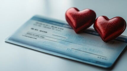 Two red hearts rest on a blue insurance card, symbolizing healthcare and love.