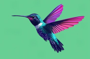Fototapeta premium Hummingbird in Flight on Green Background