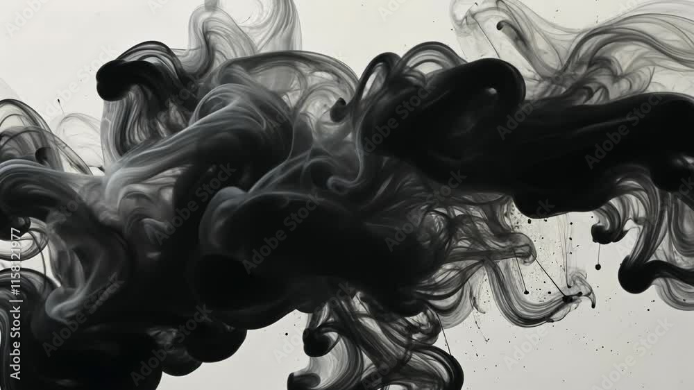 Poster Black ink swirling in water creating abstract smoke patterns on white background