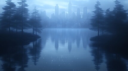 Fototapeta premium Misty city skyline reflected in calm lake water, surrounded by trees.