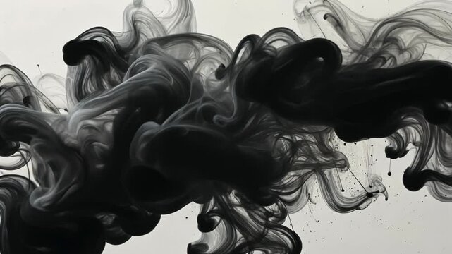Black ink swirling in water creating abstract smoke patterns on white background