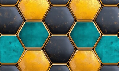 Colorful Hexagonal Pattern with Gold Borders and Textured Surfaces
