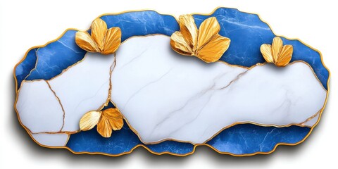 Elegant Blue and White Marble Design with Golden Floral Accents