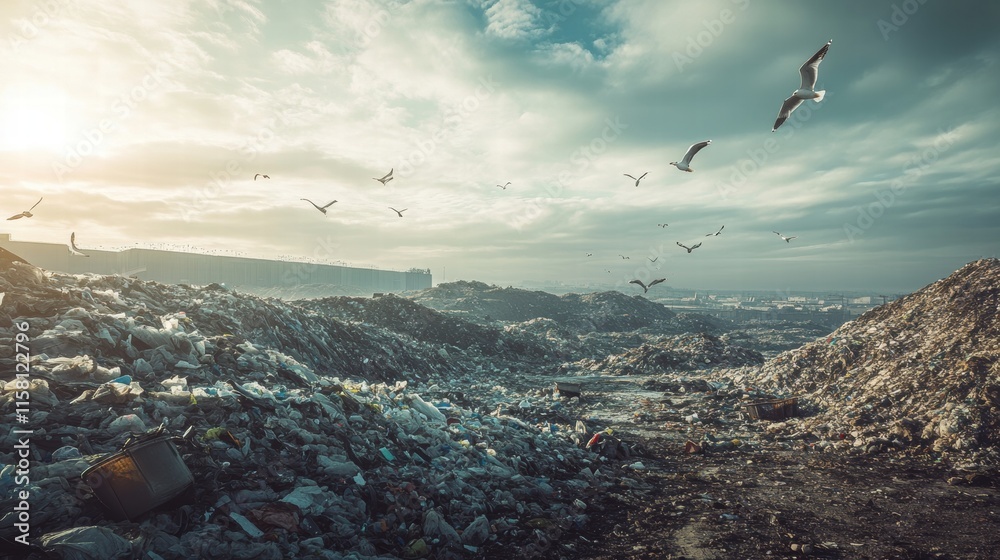Poster seagulls soar over a sprawling landfill in a cloudy sky, creating a stark contrast with urban waste 
