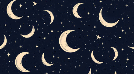 Naklejka premium Minimalist star patterns and crescent moons arranged on a deep navy background. Crescent. Illustration