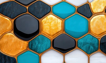 Colorful Hexagonal Pattern with Gold, Black, and Turquoise Accents