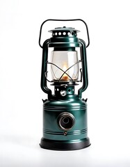 A vintage green kerosene lantern with a lit flame