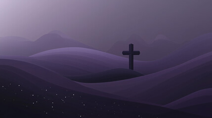 Ash Wednesday gradient banner, dark purple blend with soft grey, small cross illustration in the center with ashes scattered around it, Ai generated images