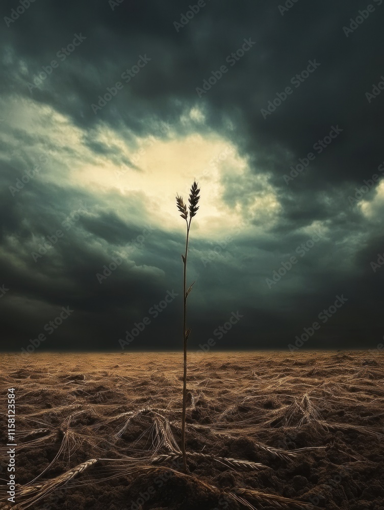 Poster Barren field displaying a single stalk of withered wheat under dark stormy skies showcasing natures resilience. Generative AI