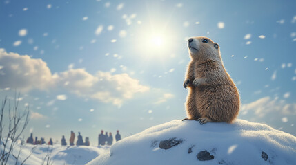 Obraz premium a groundhog stands in a funny pose on a small snowy hill, the winter sun shines dimly in the blue sky, Ai generated images