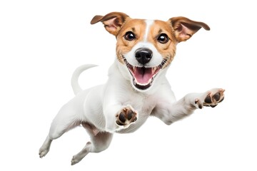 A joyful dog leaping in mid-air, showcasing its playful nature and energy.