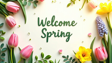 A vibrant spring greeting with colorful flowers framing the words "Welcome Spring" in a cheerful and inviting design