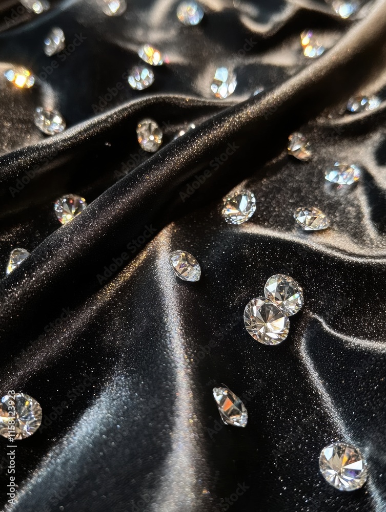 Aufkleber Sparkling diamonds scattered on black satin fabric with ample space for text and design elements. Generative AI