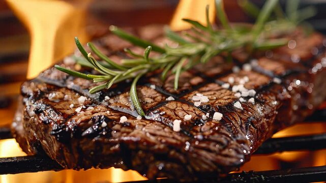 Grilled steak with rosemary and salt on barbecue grill, close-up. Gourmet dining and barbecue concept