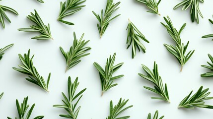 Naklejka premium A closeup shot of rosemary leaves in a neat grid, photorealistic, crisp focus, isolated on white background