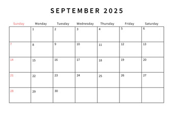 Minimalist September 2025 calendar design vector illustration. Perfect for planners, organizers, or scheduling purposes.