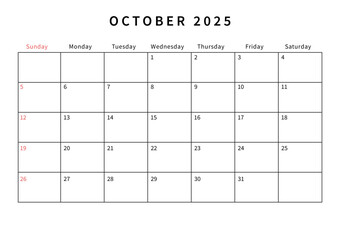 Minimalist October 2025 calendar design vector illustration. Perfect for planners, organizers, or scheduling purposes.