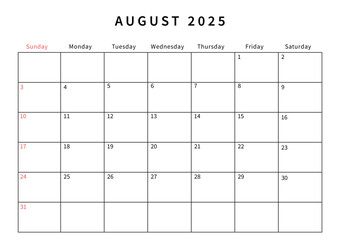 Minimalist August 2025 calendar design vector illustration. Perfect for planners, organizers, or scheduling purposes.