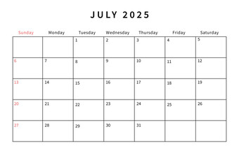 Minimalist July 2025 calendar design vector illustration. Perfect for planners, organizers, or scheduling purposes.