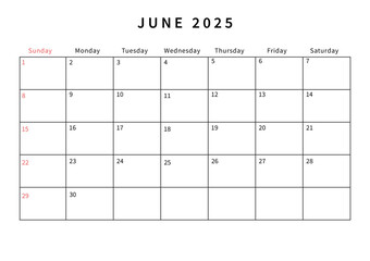 Minimalist June 2025 calendar design vector illustration. Perfect for planners, organizers, or scheduling purposes.