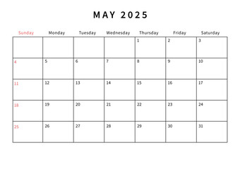Minimalist May 2025 calendar design vector illustration. Perfect for planners, organizers, or scheduling purposes.