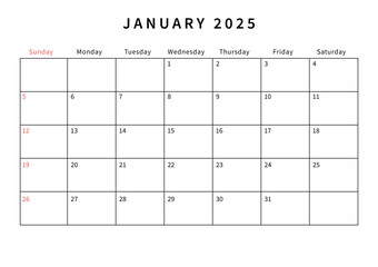 Minimalist January 2025 calendar design vector illustration. Perfect for planners, organizers, or scheduling purposes.