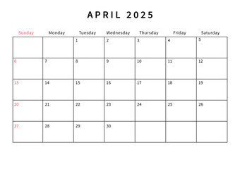 Minimalist April 2025 calendar design vector illustration. Perfect for planners, organizers, or scheduling purposes.
