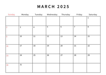 Minimalist March 2025 calendar design vector illustration. Perfect for planners, organizers, or scheduling purposes.