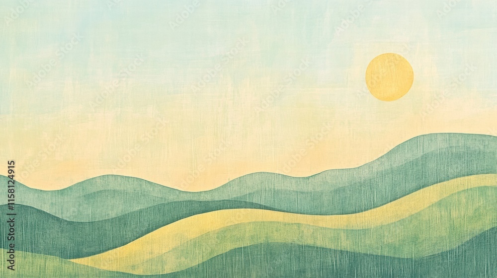 Fototapete naive art style landscape with rolling hills and sun shining over serene background space for text. 