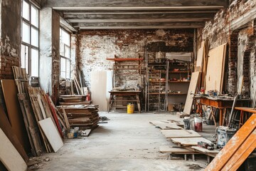 Messy construction site with wood, tools, and brick walls. Illustrates renovation, DIY, or construction projects.