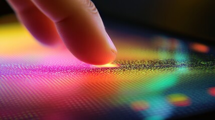 Close-up finger touching vibrant screen. Illustrates digital interaction, technology, and touchscreens.