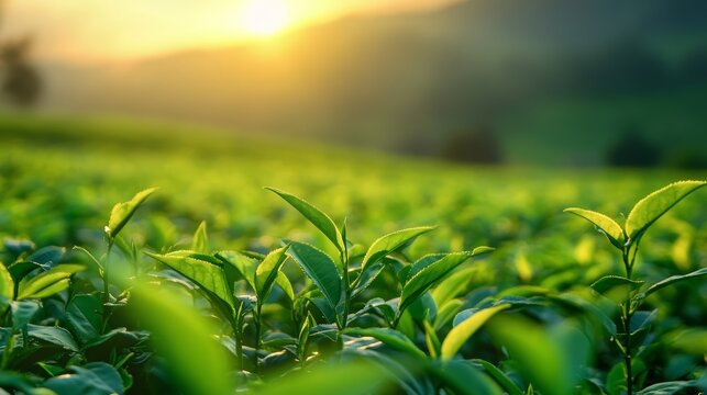 Green Teas. Sunrise over lush green tea leaves, showcasing nature's beauty and tranquility in a vibrant and peaceful landscape.