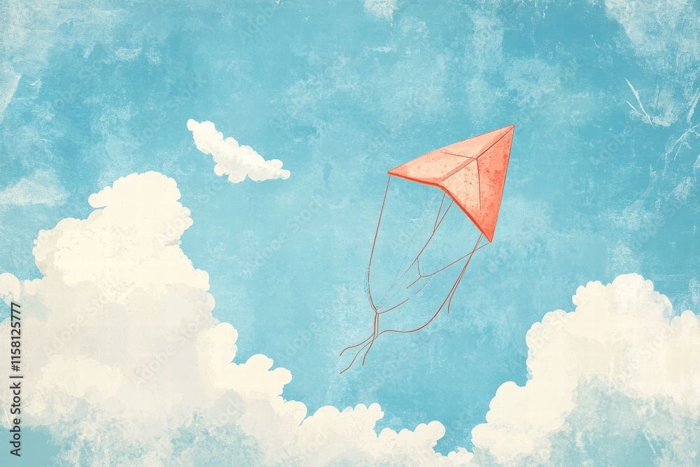 Aufkleber Colorful kite soaring against a naive art style sky with clouds showcasing copy space and room for text placement. Generative AI