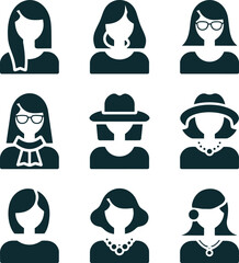 Male and female head silhouettes avatar set. Vector illustration black person portrait head. Anonymous face profile and group icon isolated on white background