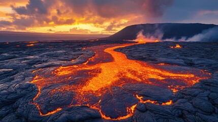 Fototapeta premium Intense Lava Eruption at Volcanic Summit During Sunset