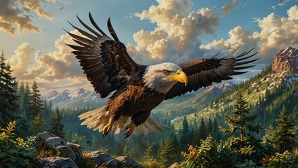  A Majestic Bald Eagle Soars Through the Sky Over a Mountainous Landscape.