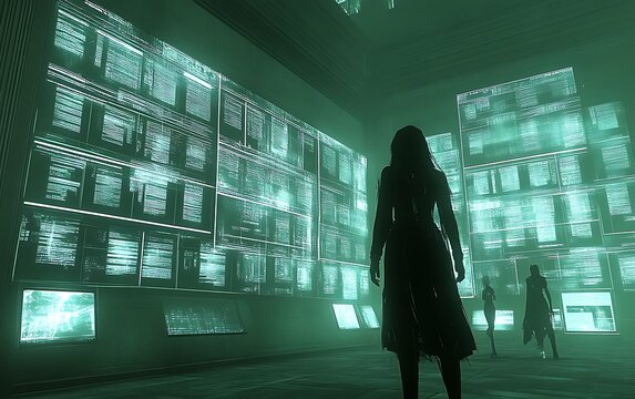 Woman silhouetted in futuristic data center.