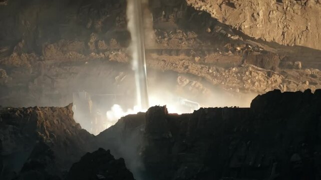 A vast cavern with illuminated waterfalls and dramatic lighting, presenting a mesmerizing landscape.