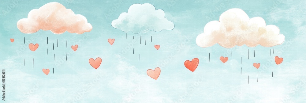 Poster whimsical hand drawn valentines day design featuring clouds and falling hearts with ample space for 