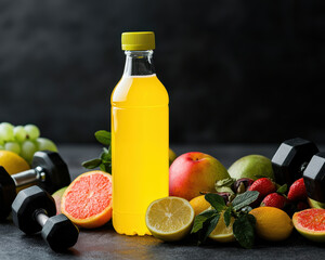 Refreshing yellow sports drink bottle surrounded by fresh fruits