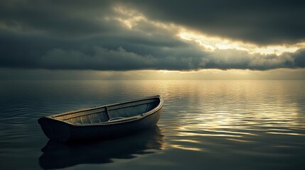 Naklejka premium Serene Boat on Open Water with Dramatic Sky