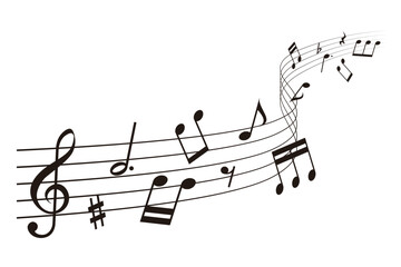 波打つ奥行きのある楽譜：五線譜の周りを舞う音符のベクターイラスト