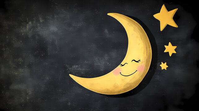 Cute crescent moon with a smiling face and star on chalkboard background, perfect for bedtime stories or children's decor. Crescent. Illustration