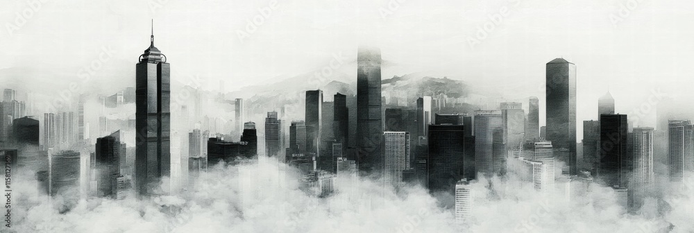 Poster dense smog covers a sprawling city skyline, obscuring buildings and creating a mysterious atmosphere
