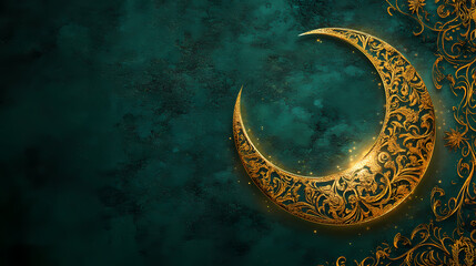 Emerald green & golden crescent moon emerald green background with golden islamic patterns and a softly glowing crescent moon. Crescent. Illustration