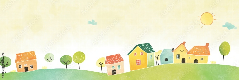 Poster colorful naive art style background with charming houses and trees in a serene landscape. generative