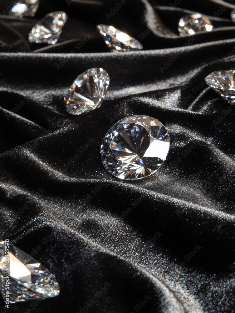 Aufkleber Large sparkling diamonds on a rich black fabric background with plenty of copy space for a text mock up. Generative AI