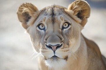 Close-up of a lioness's face, showing intense eyes. Perfect for wildlife, nature, or African themes, evoking power and beauty.