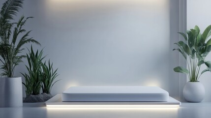 Fototapeta premium Modern display space with plants and minimal decor.